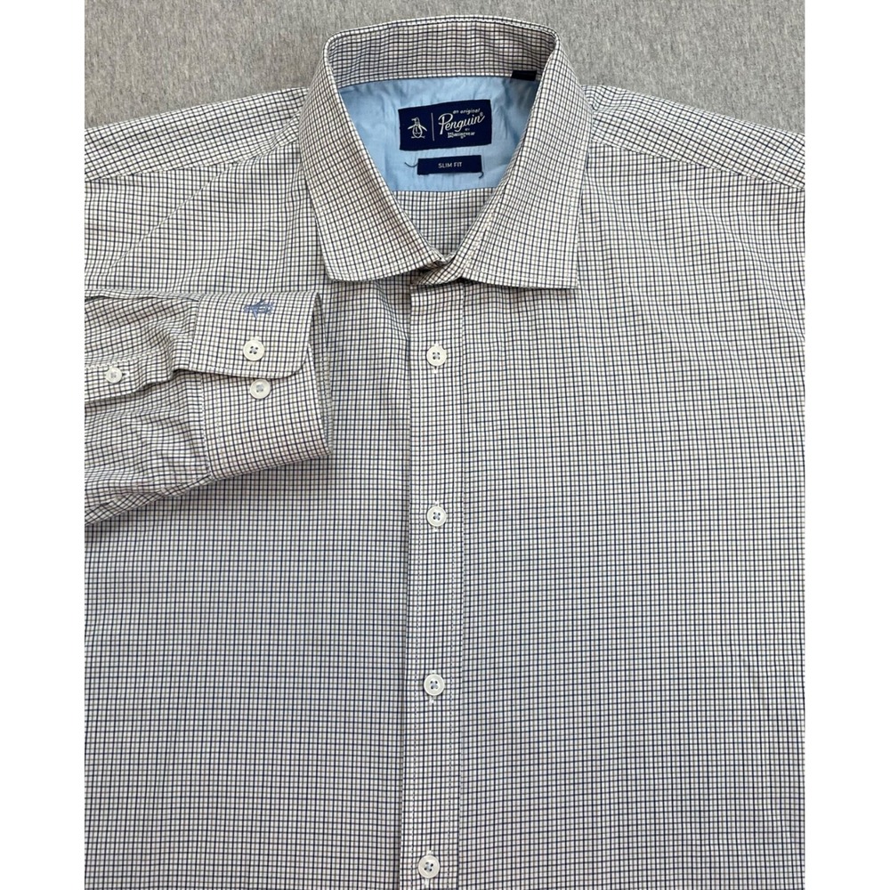 Original Penguin Shirt Mens Micro 17 - 34/35 Check Cotton Blend Slim Button Up